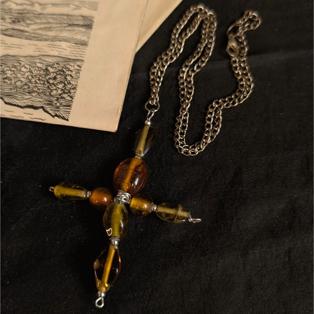 Glass Beaded Cross Pendant Chain Necklace Silver Brown Short